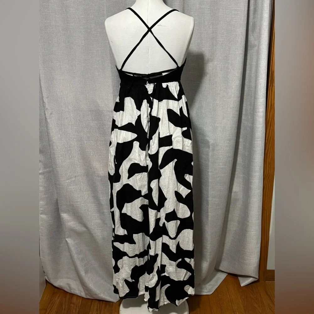 A & F Cotton Linen Maxi Dress-Black/White-Sz xs-Fitted Bodice-Pockets-ZipUp Back